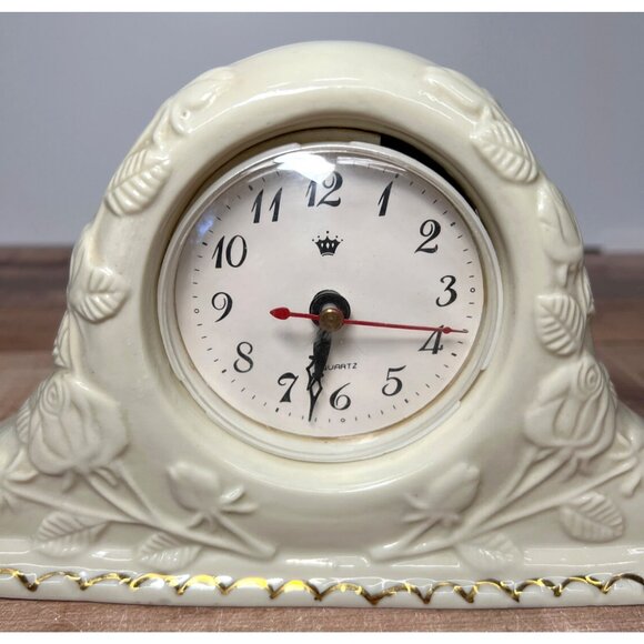 Vintage Ceramic Mantel Clock With Rose Embossed Design & Gold Trim - Picture 2 of 8